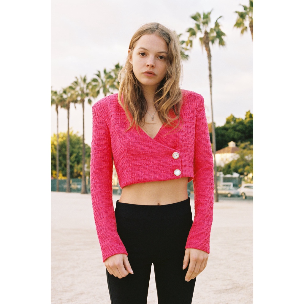 Zara Đức - Áo Croptop tweed dài tay màu hồng phối nút sang trọng auth new tag cao cấp chính hãng có sẵn sale 4661/410
