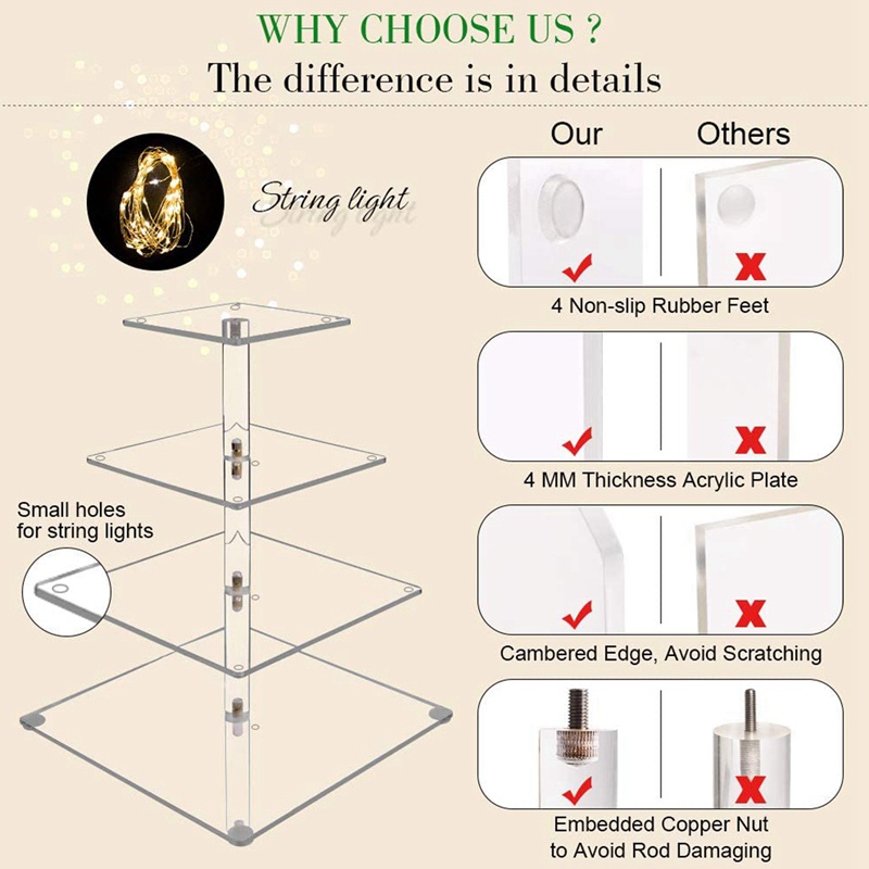 Tháp Đứng Trưng Bày Bánh Cupcake 4 Tầng Bằng Acrylic Có Đèn LED Cho Đám Cưới