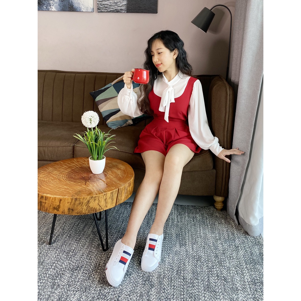 Quần ngắn lưng thun Áo tiểu thư phối voan mặc ở nhà đi chơi valentine Đỏ