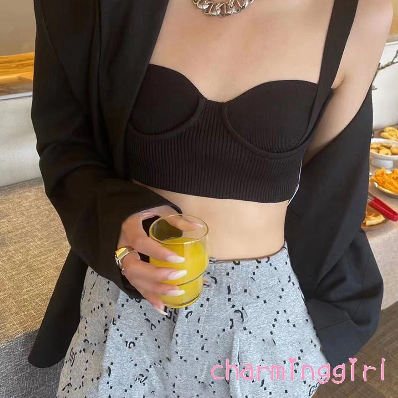 Áo croptop dệt kim màu trơn dây đeo vai bản rộng thời trang cho nữ