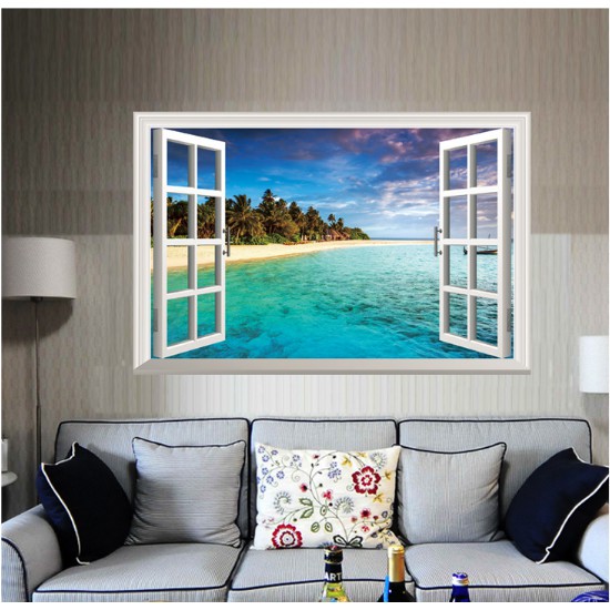 Decal trang trí khung cửa sổ 3D cảnh biển cát trắng