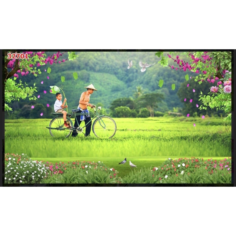 tranh phong cảnh đồng quê, cha con dán tường 3d. tranh in vải lụa chống thấm nước, chống ẩm mốc