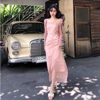 Set đầm maxi áo khoác bèo hồng đáng yêu - u.w
