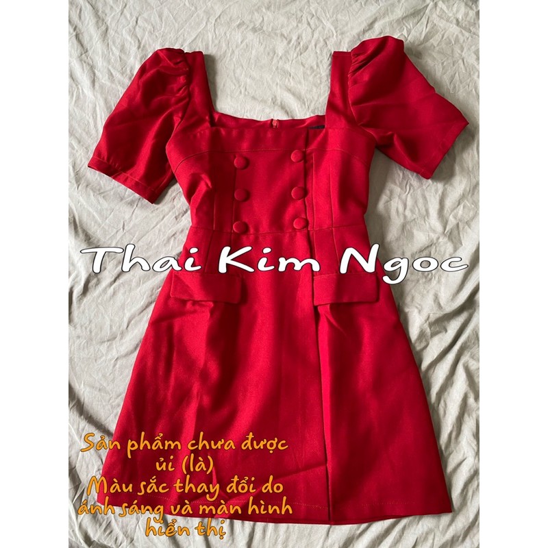 Đầm cổ vuông tay phồng nút bọc | BigBuy360 - bigbuy360.vn