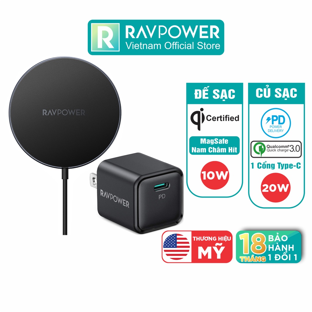 Bộ Sạc Không Dây MagSafe Nam Châm 10W RAVPower RP-WC012 Kèm Củ Sạc Type C 20W Sạc iPhone 12, iPhone 13 - Hàng Chính Hãng