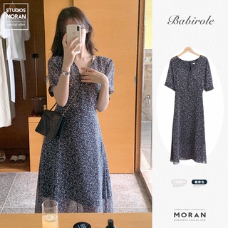 (ORDER) Váy voan hoa liti MORAN cổ V thắt eo xòe dài nhẹ nhàng thanh lịch vintage Hàn Quốc