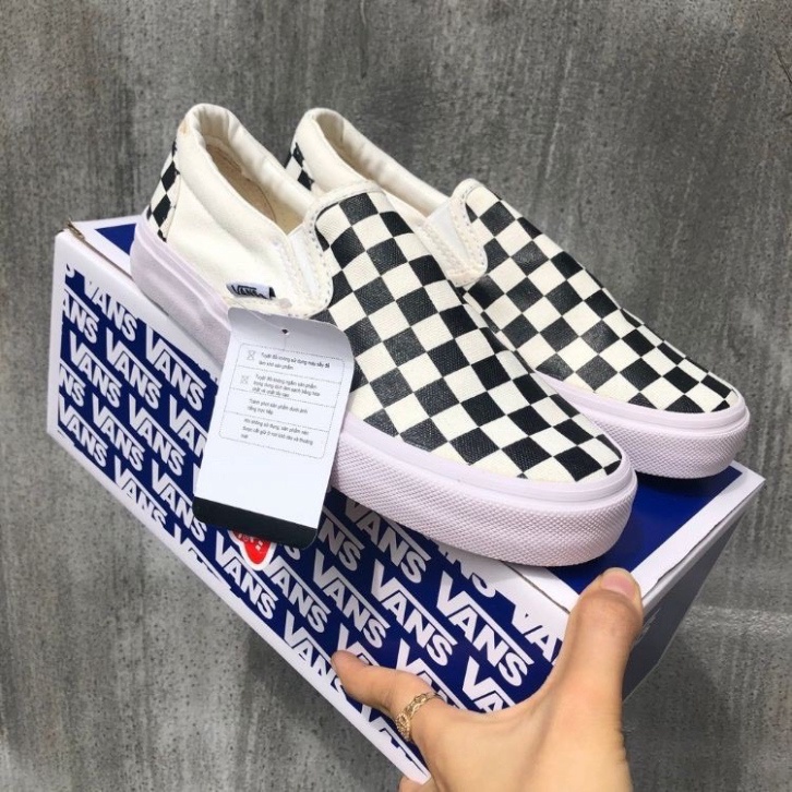 Giày lười nam nữ loại đẹp full box - Giày thể thao Slip On Vans Caro kẻ sọc đen trắng cá tính ulzzang, đế êm lót da D9