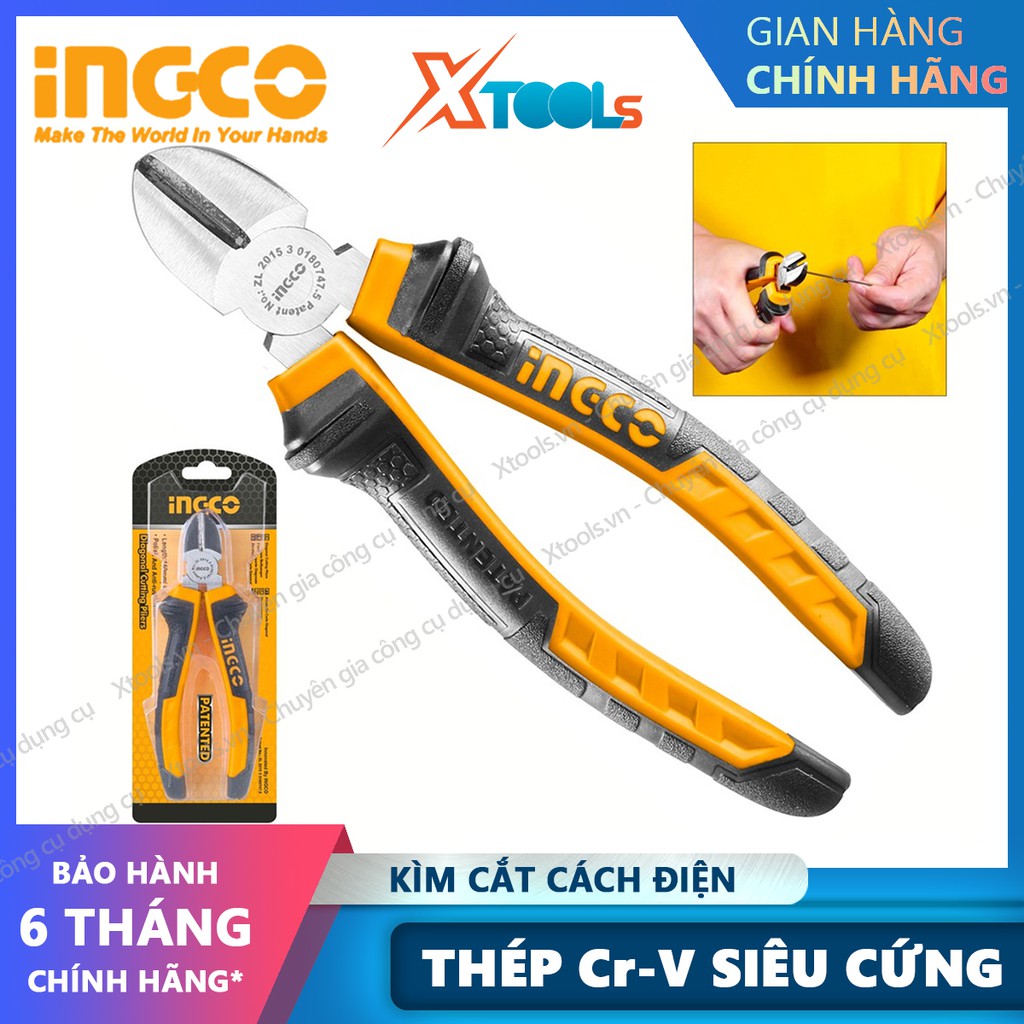 Kìm cắt cách điện INGCO 6&quot; 7&quot; kềm thép Cr-V chống rỉ siêu cứng cắt cáp dây điện sắt kim loại tay cầm cao su chống trượt