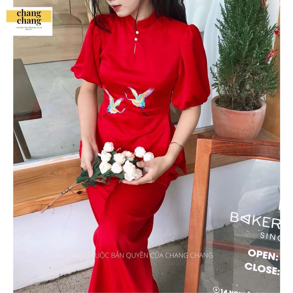 Đồ Lam Nữ Đi Chùa,  Bộ Đi Chùa Nữ Thêu Hạc Sắc Nét Vải Lụa Cao Cấp Kín Đáo Thanh Lịch - Màu Đỏ | Chang Chang