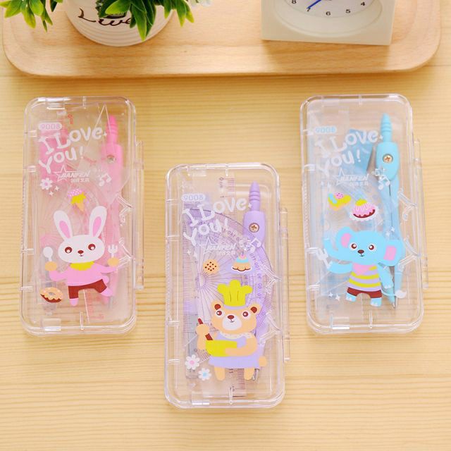 Bộ compa + eke + đo độ + đạn chì kim hình cute