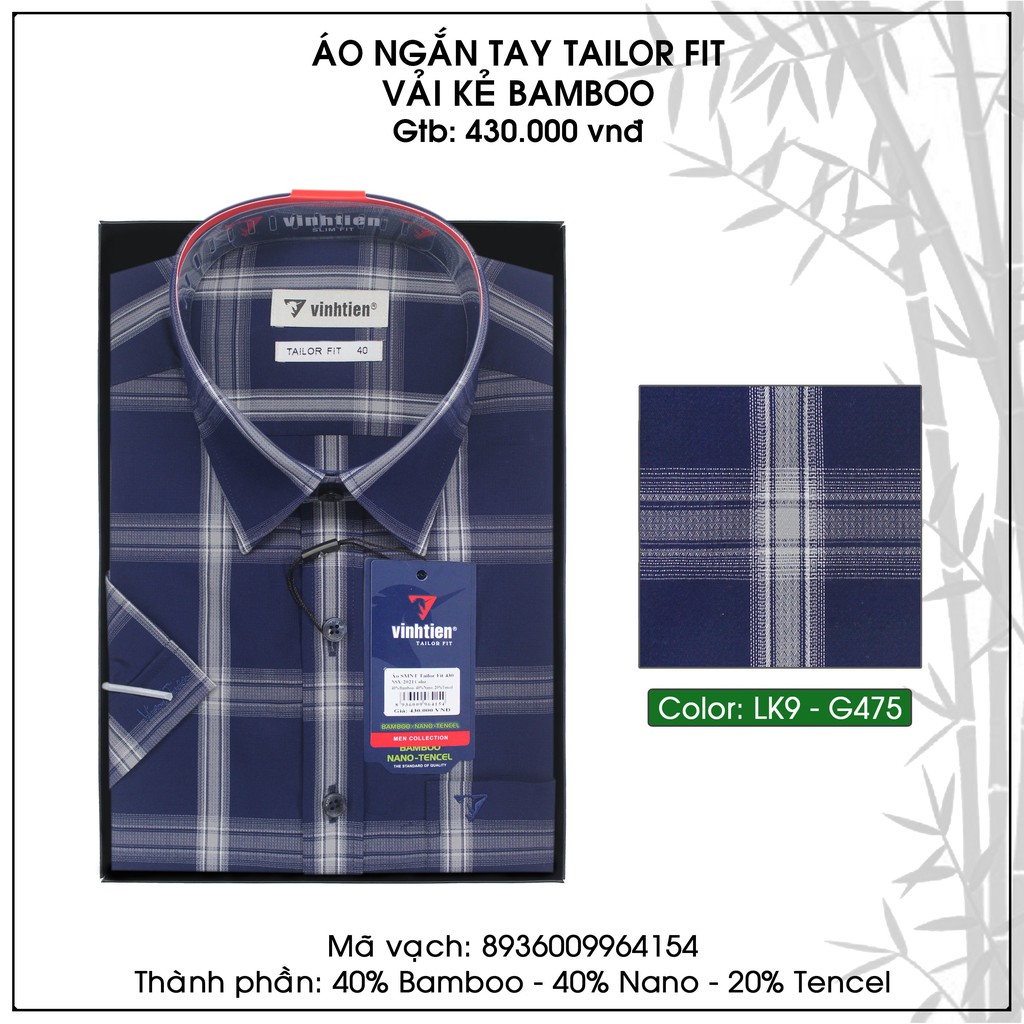 Áo Sơ Mi Nam Tay Ngắn Sọc Caro Bamboo Vĩnh Tiến Form Tailor Fit Vạt Ngang 430 - G475