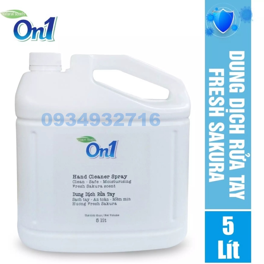 Dung dịch xịt sát khuẩn  rửa ray nhanh On1 can 5 lít hương fresh Sakura, chứa glycerin giúp làm sạch và dưỡng ẩm da tay