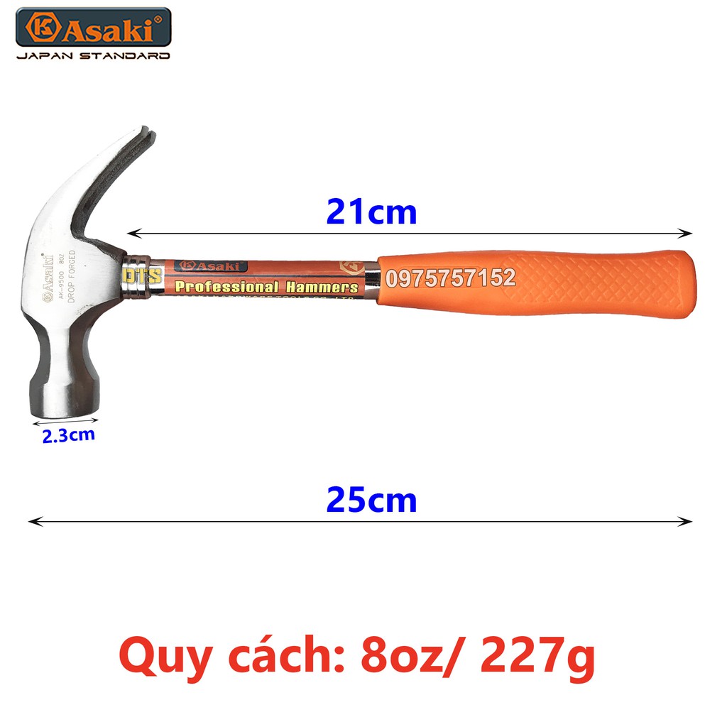 Búa sừng dê, búa nhổ đinh cán thép cứng 8oz/ 227g Asaki AK-9500 – Đầu đóng đinh đầu tròn thép siêu cứng