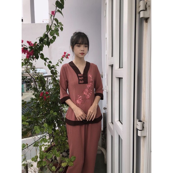 Đồ lam - Áo lam - Cổ V 3 Nút Đũi
