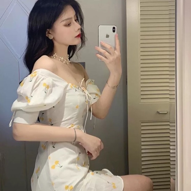🌼ORDER🌼 Váy đuôi cá hoa vàng cherry vàng / Đầm hoa nhí thắt eo tay bồng ( có ảnh thật )