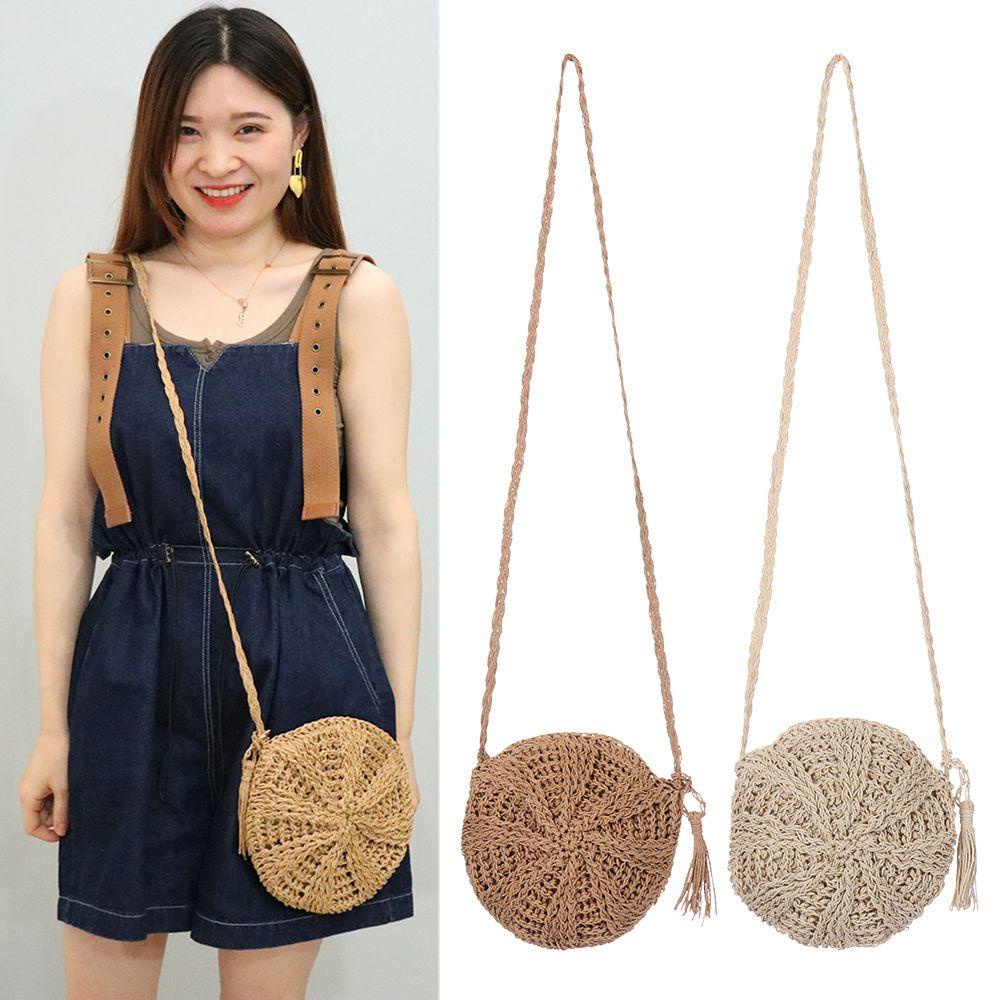 JUNE Fashion Straw Bag Shoulder Bags Summer Beach Bag Straw Handbag Handbag Knit Round Handmade Women Girl Rattan Woven/Multicolor