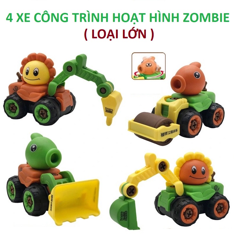 Set 4 xe công trình tháo lắp hoạt hình zombie cute ( mẫu mới ) tặng kèm tua vit cho bé
