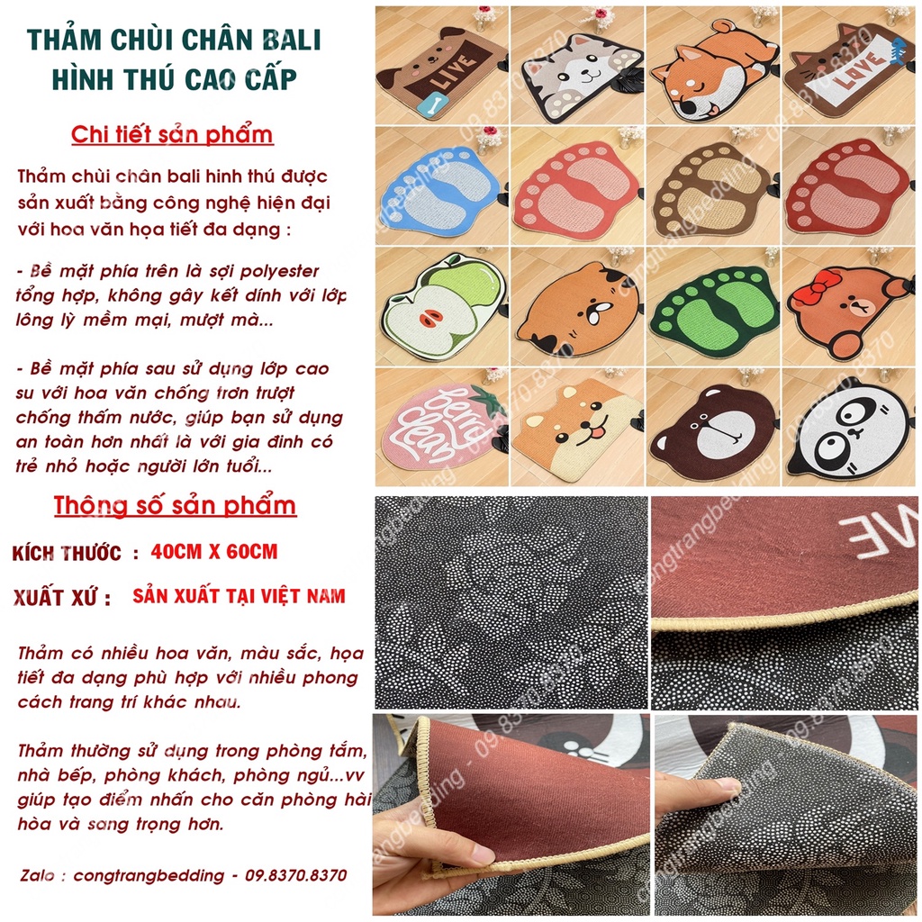 Thảm Chùi Chân Bali Hình Thú 3D HOMIES Thấm Nước Tốt Mặt Sau Chống Trơn Trượt , Size 40cm x 60cm