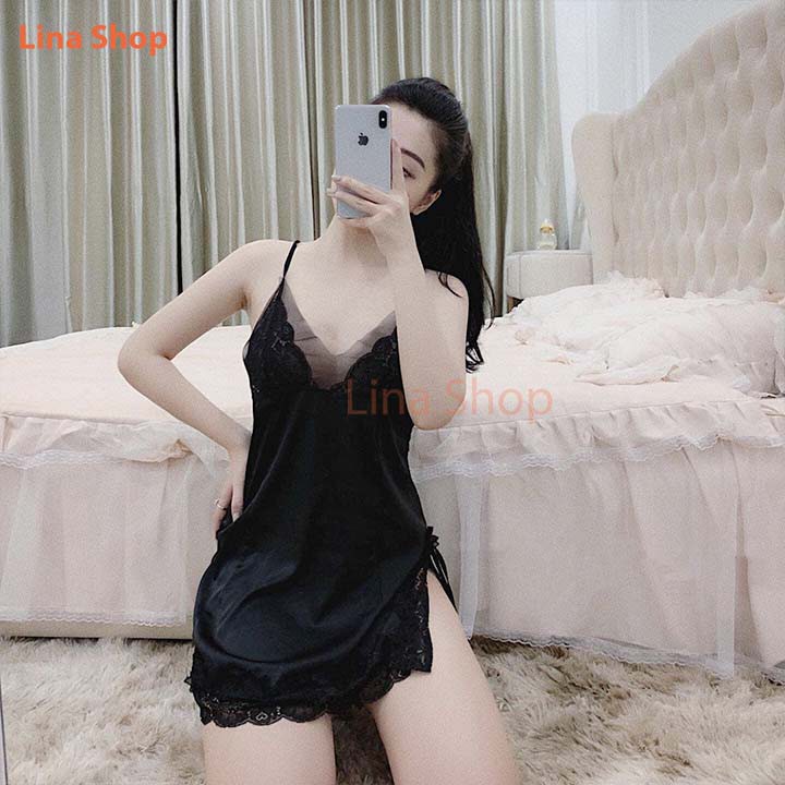 Váy Ngủ Đầm Ngủ Sexy Quyến rũ Lụa Satin phối Ren kèm quần Chip Màu đen AN436 hàng Quảng Châu cao cấp | BigBuy360 - bigbuy360.vn