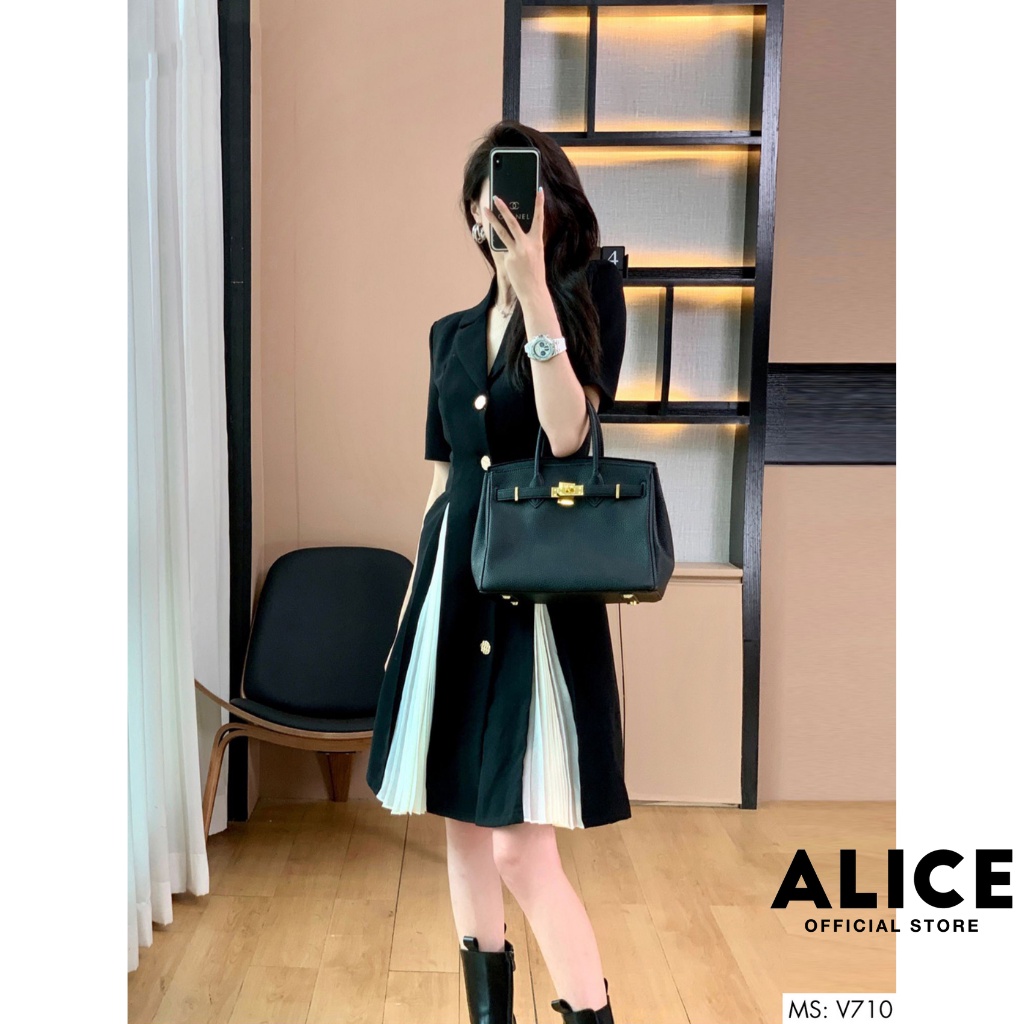 Đầm Công Sở Cổ Vest Phối Dập Ly ALICE V710, Váy Đen Thiết Kế Tôn Dáng Sang Trọng | BigBuy360 - bigbuy360.vn