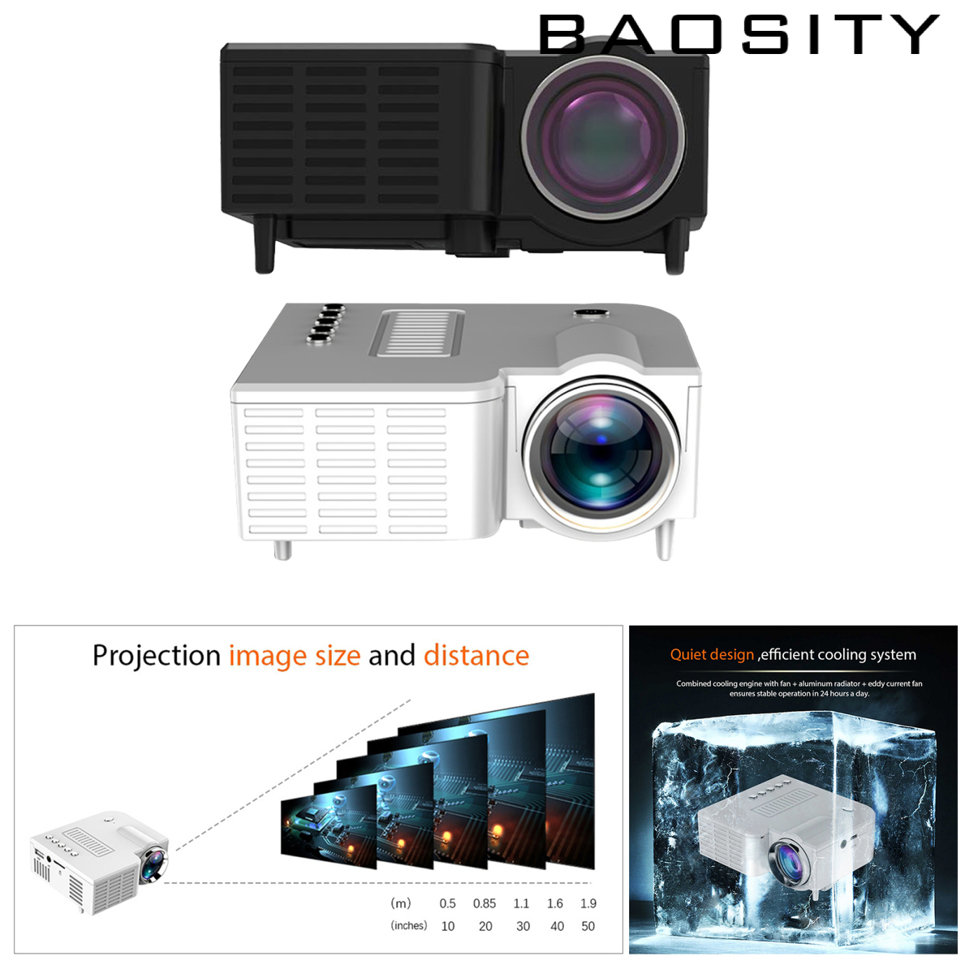 [BAOSITY]Native 1920X1080P Mini Portable Projector Wired for Home Office Outdoor Black