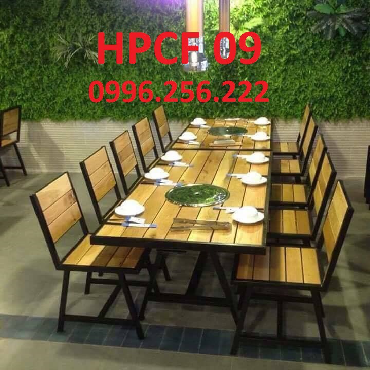 [Ảnh thật] bàn ghế Nhà hàng quán ăn HPCF 09| Bàn ghế quán cafe| Bàn khung sắt mặt gỗ thông HP Decor