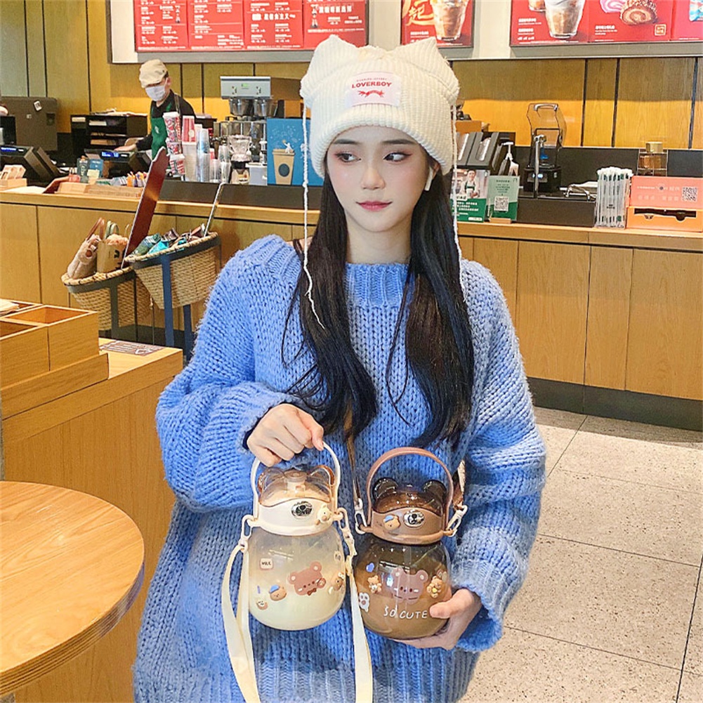 1300ml cartoon bear plastic cup Children's Portable Outdoor Straw Strap Mug Mug Student Cross Belly cup