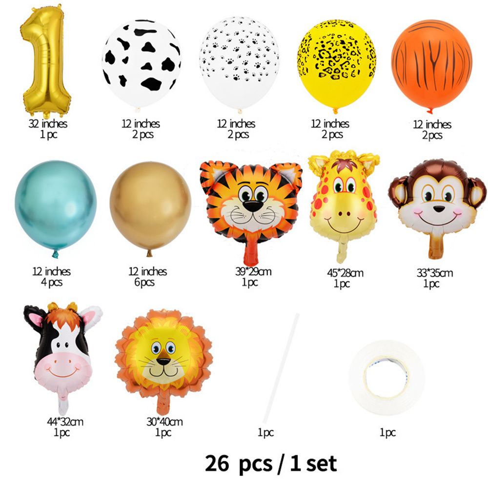 Set 26 bong bóng lá nhôm hình hươu cao cổ sư tử động vật rừng xanh trang trí cho tiệc sinh nhật bé 1/2/3 tuổi dễ thương