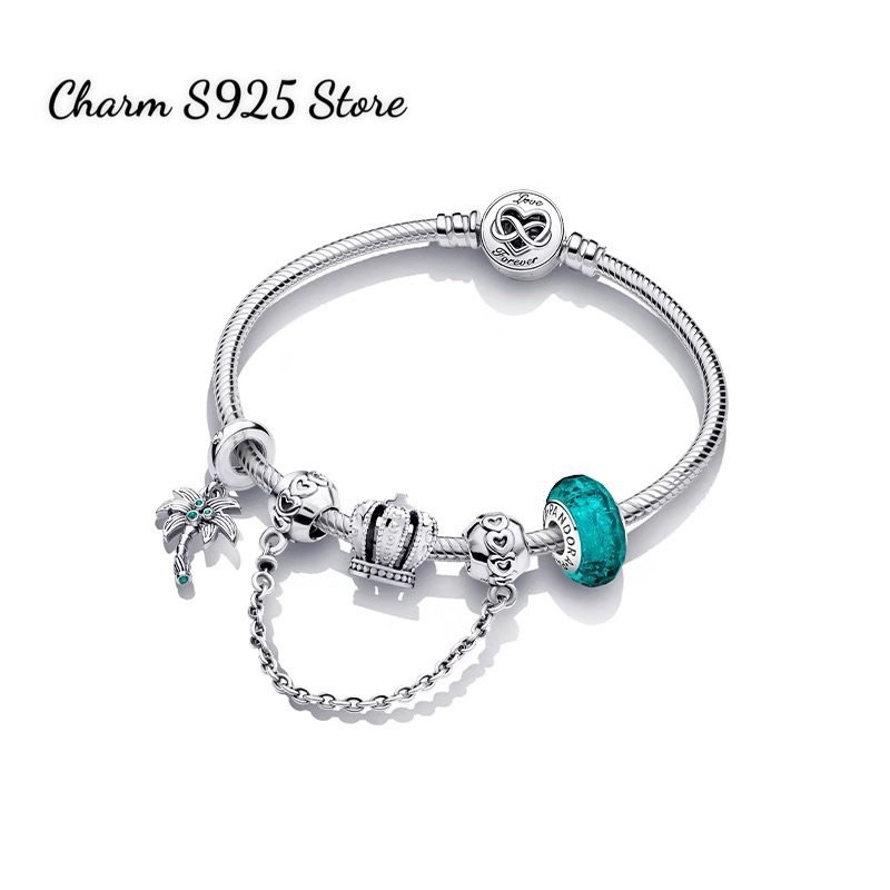 combo bộ vòng tay pan.do.ra mềm mix 4 hạt charm xanh trắng bạc s925 cao cấp