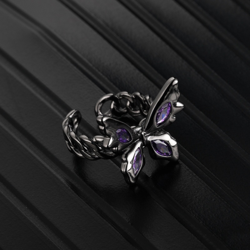 Nhẫn Hở Hình Bướm Màu Đen / Tím Đính Đá Tím Phong Cách vintage Hàn Quốc Thời Trang