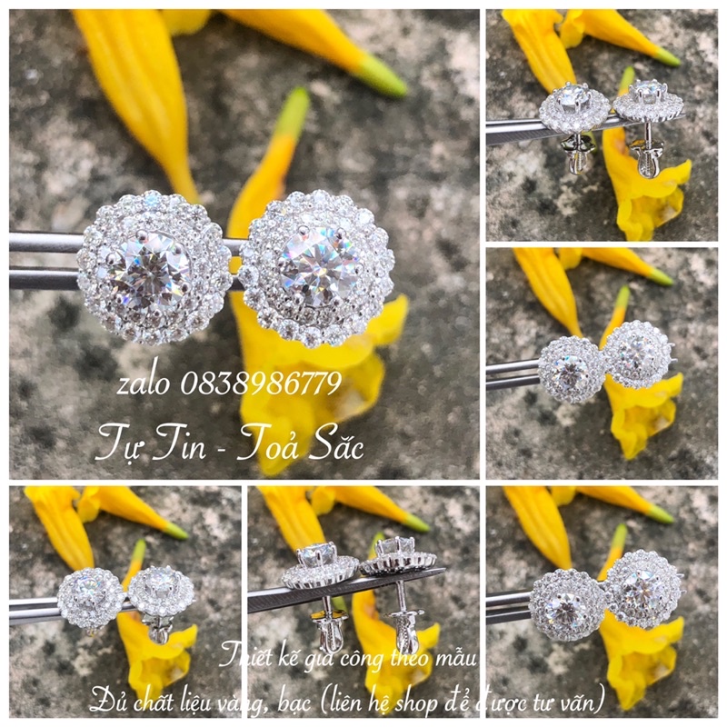 Bông tai Moissanite: Viên chủ Moissanite 5,4ly, viên tấm Moissanite; Bạc mạ bạch kim