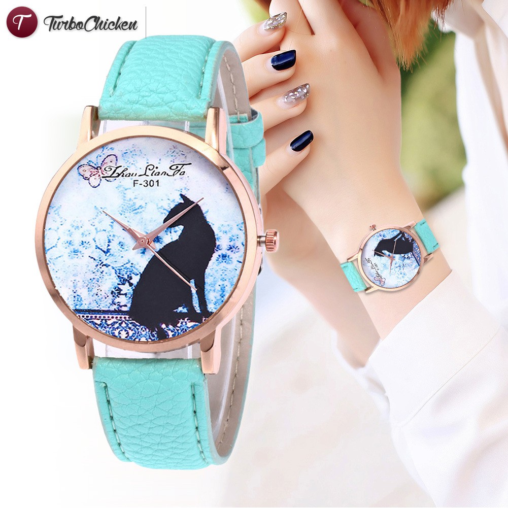 #Đồng hồ đeo tay# Couple Quartz Watches Women Casual Watches with Round Dial Faux Leather Strap Cartoon Cat Printed