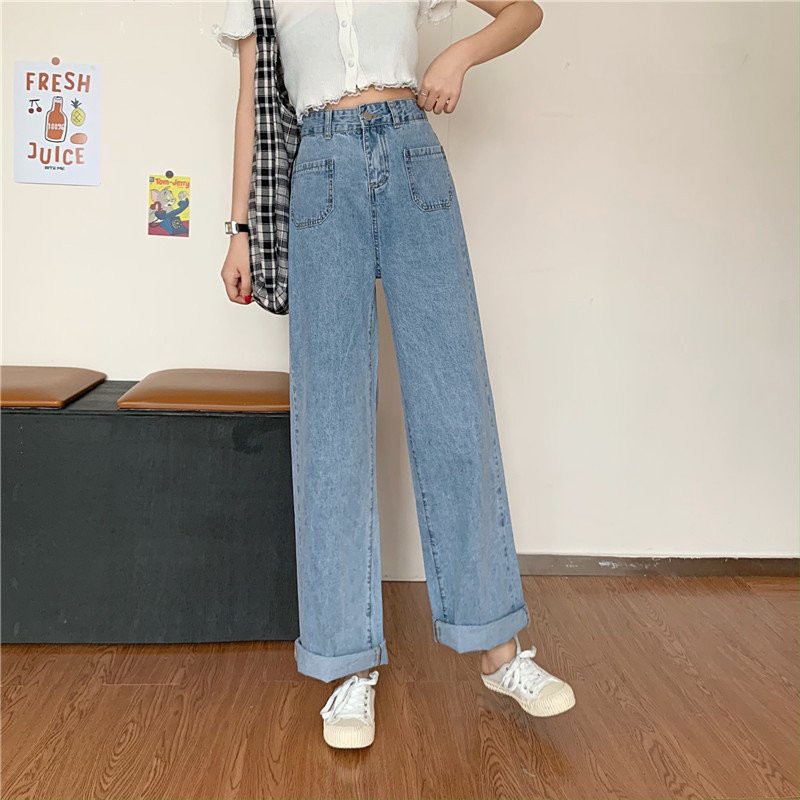 Quần Jean nữ  ống rộng SIMPLE JEAN có 2 túi vuông phía trước lưng ôm chất đẹp