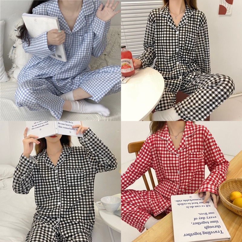 [CÓ SẴN] Đồ ngủ pijama dài tay quần dài kẻ caro hè thu đông Hàn Quốc ullzang dễ thương