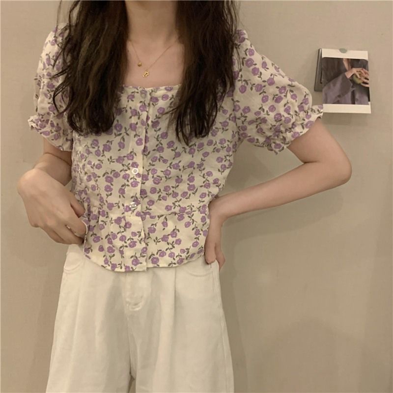 Áo Sơ Mi Tay Ngắn Phồng Cổ Vuông In Họa Tiết Hoa Mẫu Mới 2022 Thời Trang Mùa Hè Cho Nữ