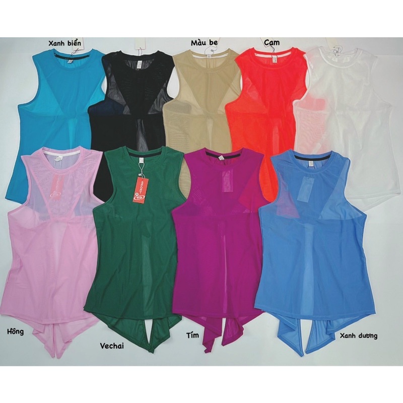 Áo tanktop lưới xẻ tà buộc sau lưng tập gym yoga