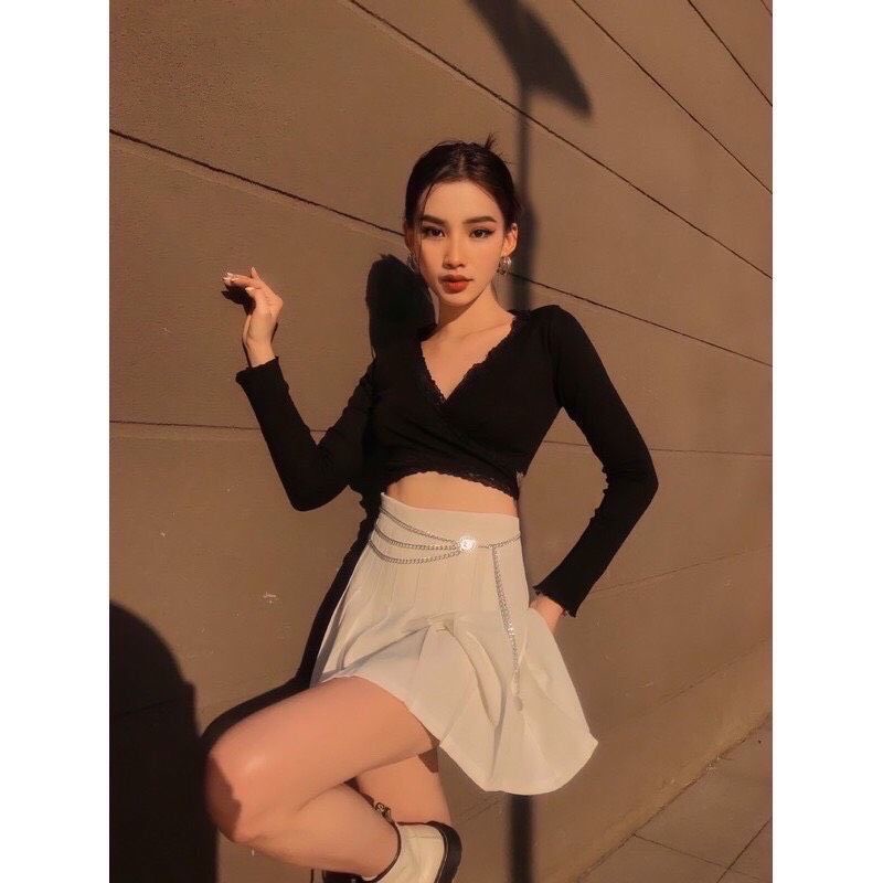Áo Croptop Tay Dài Cổ Tim Dây Ren Buộc Eo 2 Màu Đen - Trắng, Croptop Phong Cách Hàn Quốc