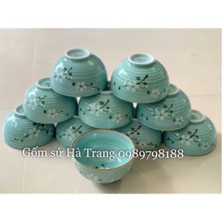 Combo bát cơm men lam  vẽ  hoa đào trắng  Gốm sứ Bát Tràng cao cấp không chì