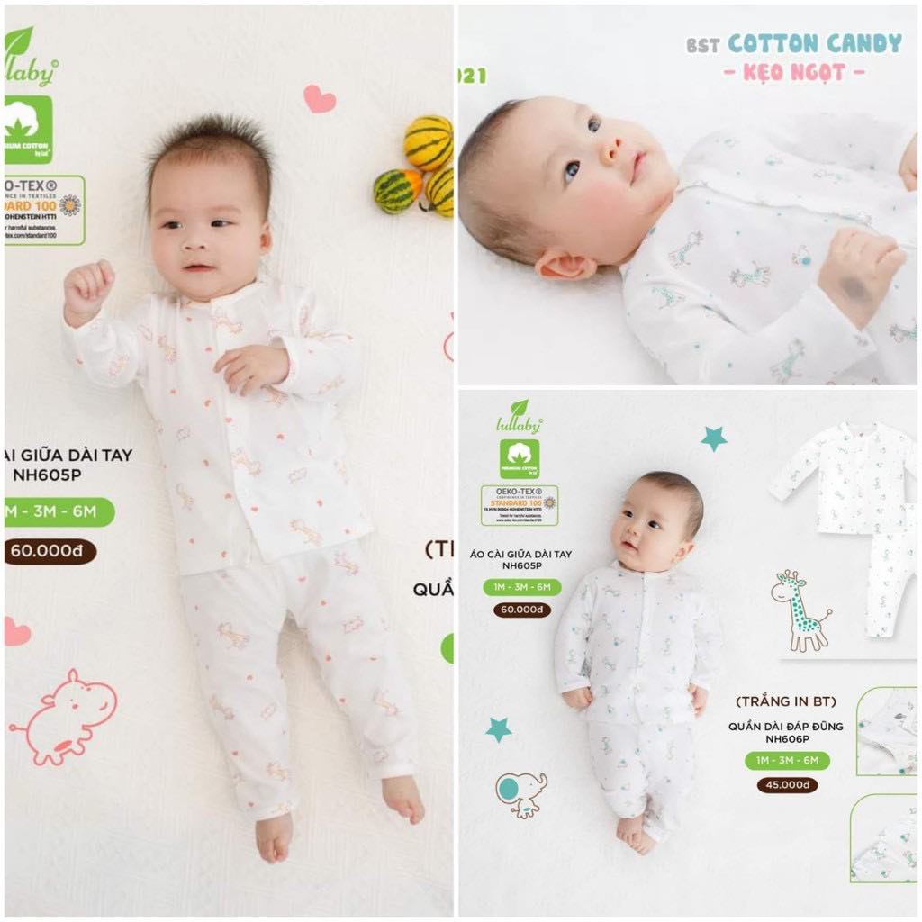 Bộ cài giữa dài tay sơ sinh cotton Lullaby [NH605P-NH606P] (Sz 1-6m)