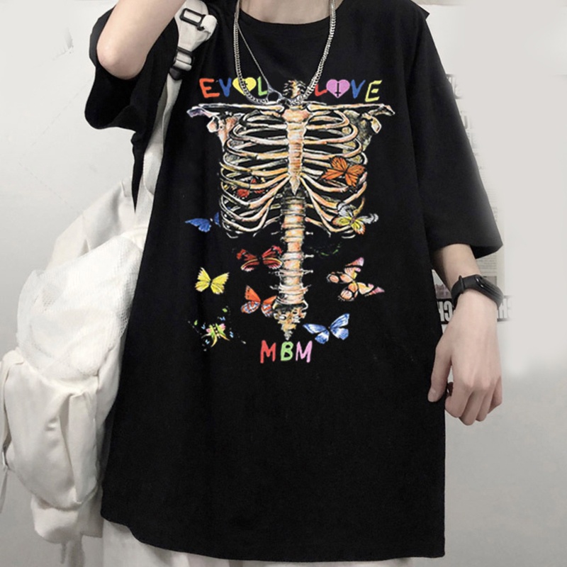 Brroa Áo Thun Tay Ngắn Oversize In Hình Bộ Xương Ngực Nhiều Màu Sắc Phong Cách Gothic Punk Harajuku Cho Nữ