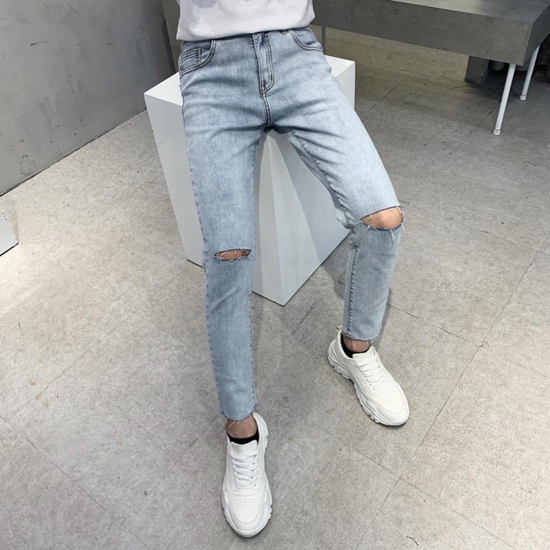 QUẦN JEANS SKINNY CO DÃN XANH TRƠN RÁCH GỐI (hình chụp thật)