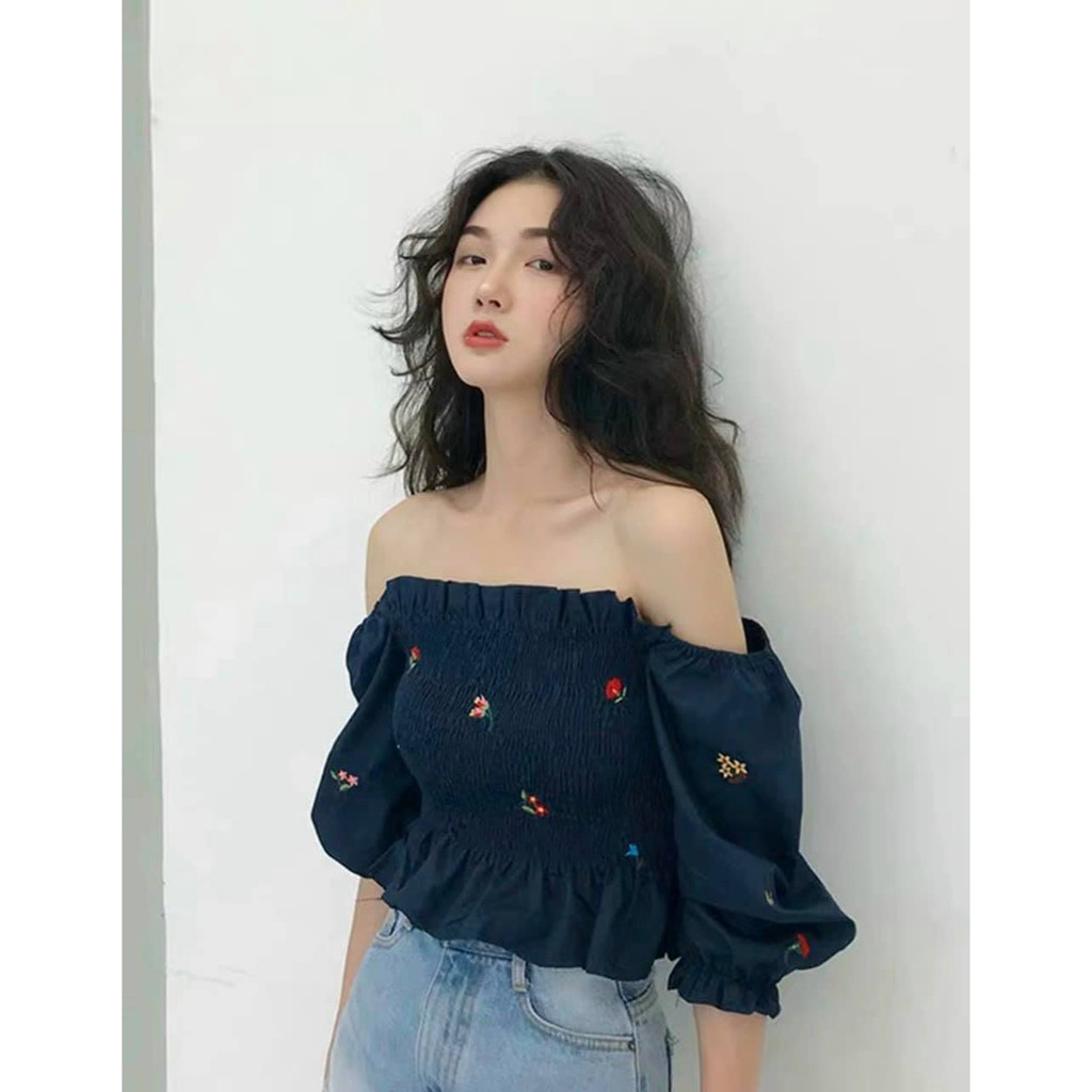 [@ngocstore.fashion] ÁO RỚT VAI BÈO NHÚN CHỈ THÊU HOA