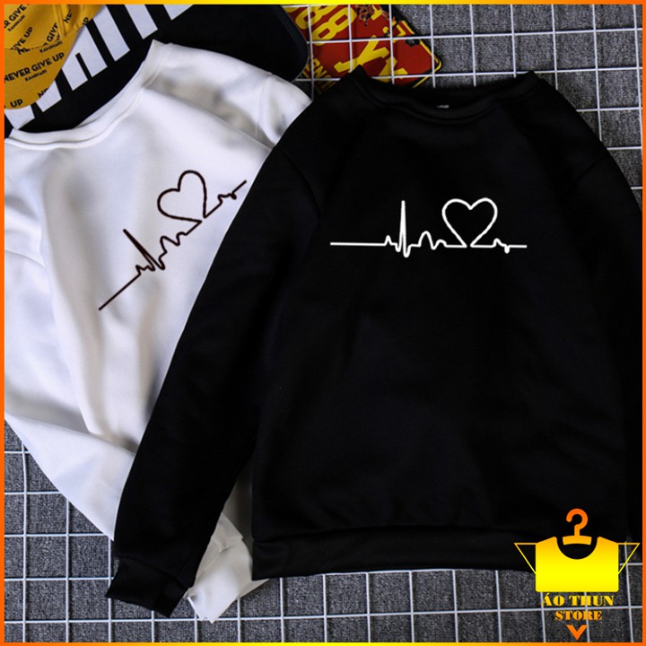Áo Sweater Cặp Đôi Dáng Unisex Form Rộng Cổ Lọ Tròn Oversized Kiểu In Hình Nhịp Đập Trái Tim