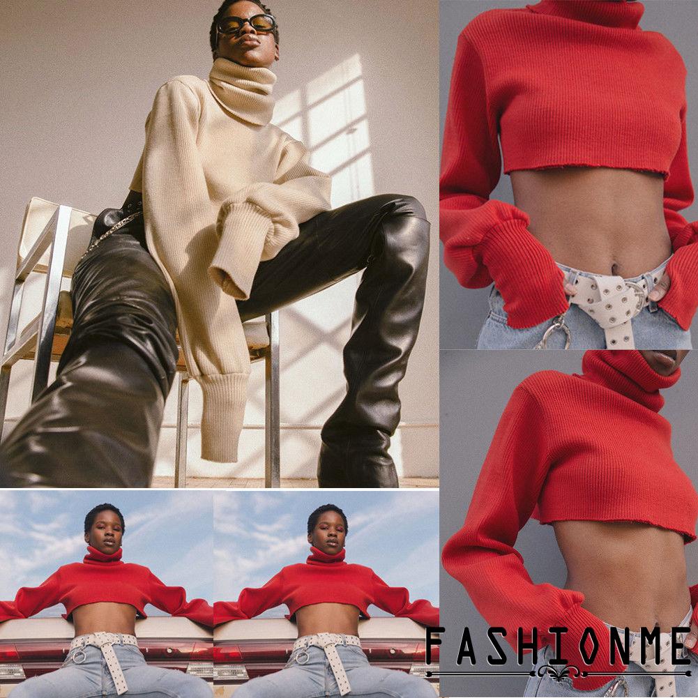 Áo len ngắn hở rốn tay dài cổ lọ thời trang cho nữ | BigBuy360 - bigbuy360.vn