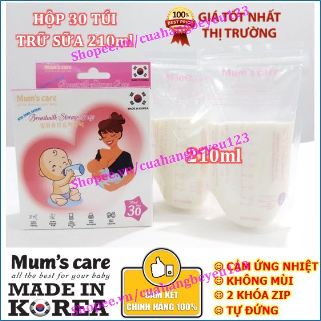 Hộp 30 túi trữ sữa mẹ cảm ứng nhiệt 210ml MUM'S CARE