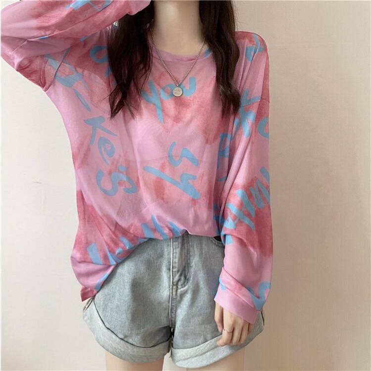 Áo thun IELGY tay dài dáng rộng phối lưới phong cách Pháp thời trang mùa hè cho nữ