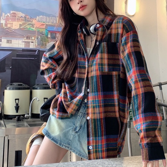 ZHELIHANGFEI Áo Khoác Sơ Mi Tay Dài Dáng Rộng Kẻ Sọc Kiểu Retro Cá Tính