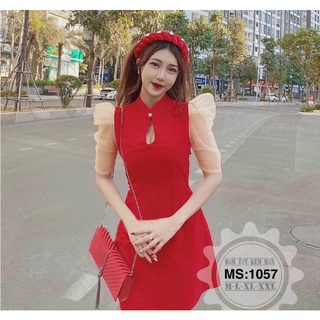 [Shop bigsize nữ 50kg-90kg] Đầm Tết cách tân kèm mấn màu đỏ, đen