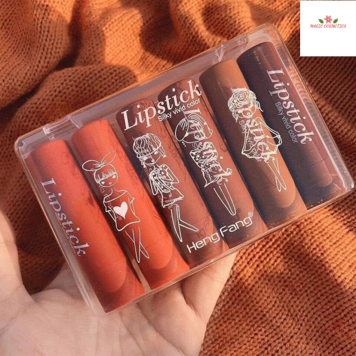 [Mã giảm giá] 🌈🥑🍑 Set 6 Cây Son Sáp Siêu Lì Và Mịn Môi Lipstick  N0.H134 Silky Vivid Color Hengfang Cute Hột Me-W65-D