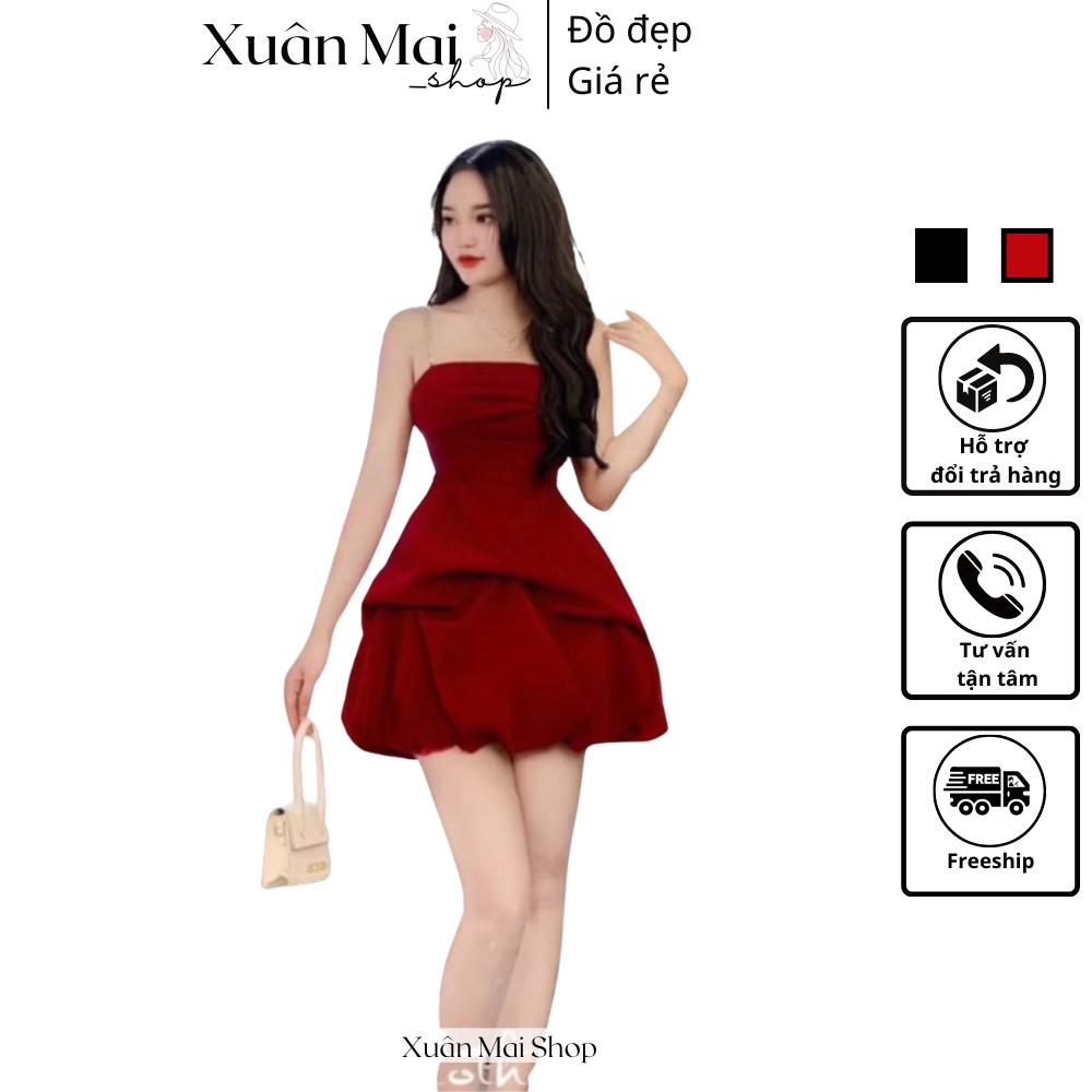 [FREESHIP] Đầm thiết kế đi tiệc form ngắn xòe bí phồng hai dây phối xích chất nhung cứng màu đỏ đen mặc Noel Tết